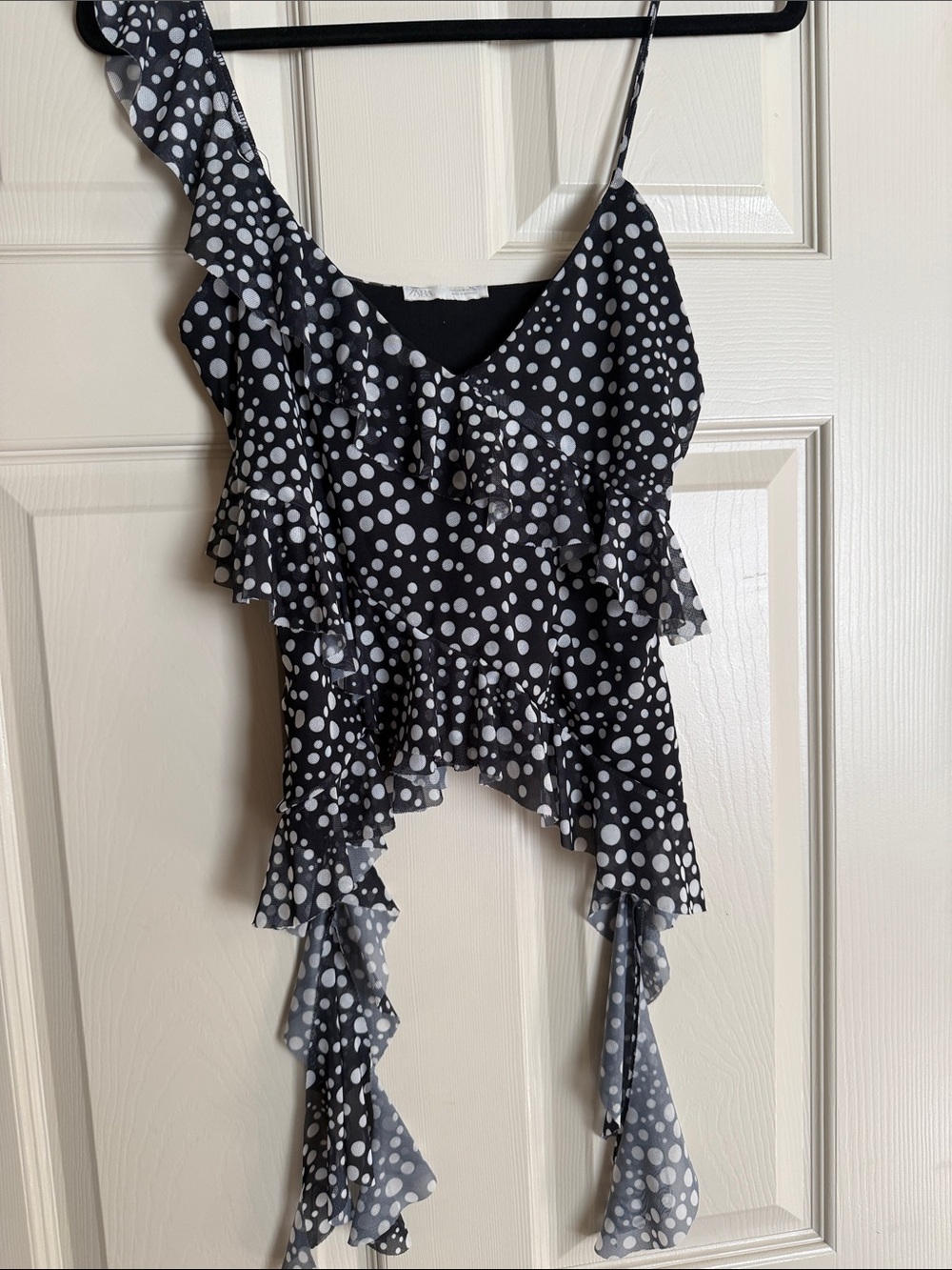 Zara Black and White Polka Dot Ruffle Asymmetric Cami - Picture 2 of 6